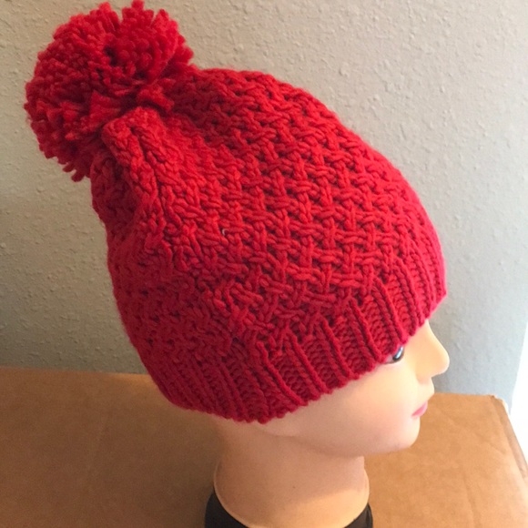 Accessories - Red Knit Winter Beanie with Red Poof ontop